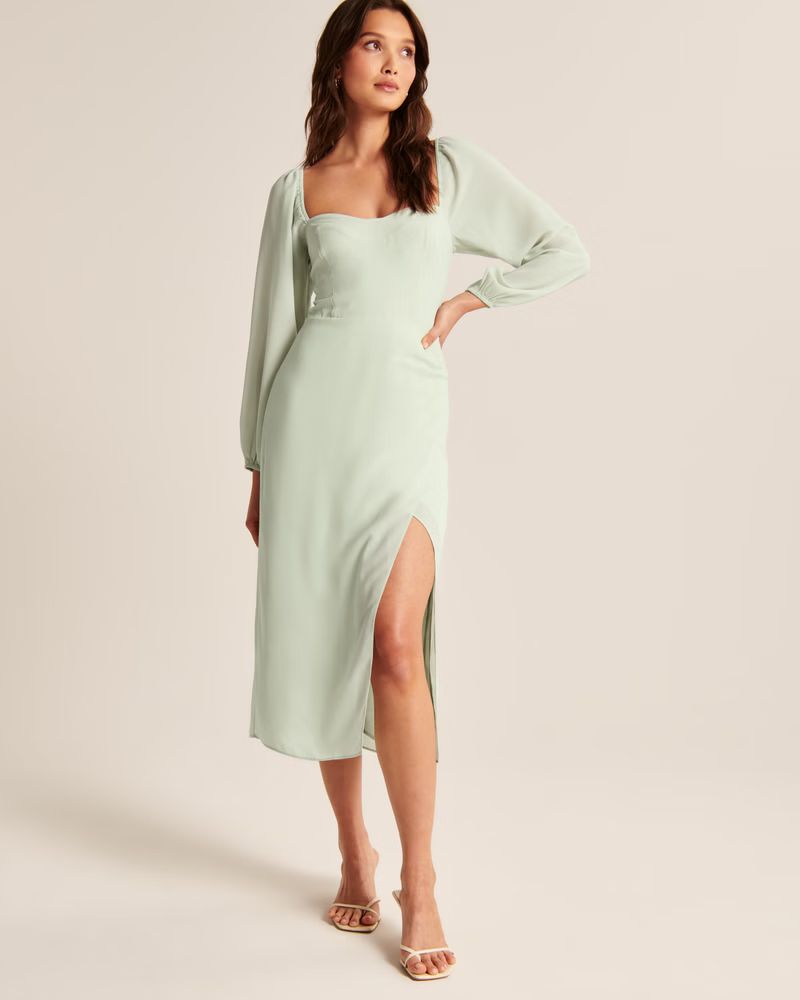 Long-Sleeve Draped Skirt Midi Dress | Abercrombie & Fitch (US)