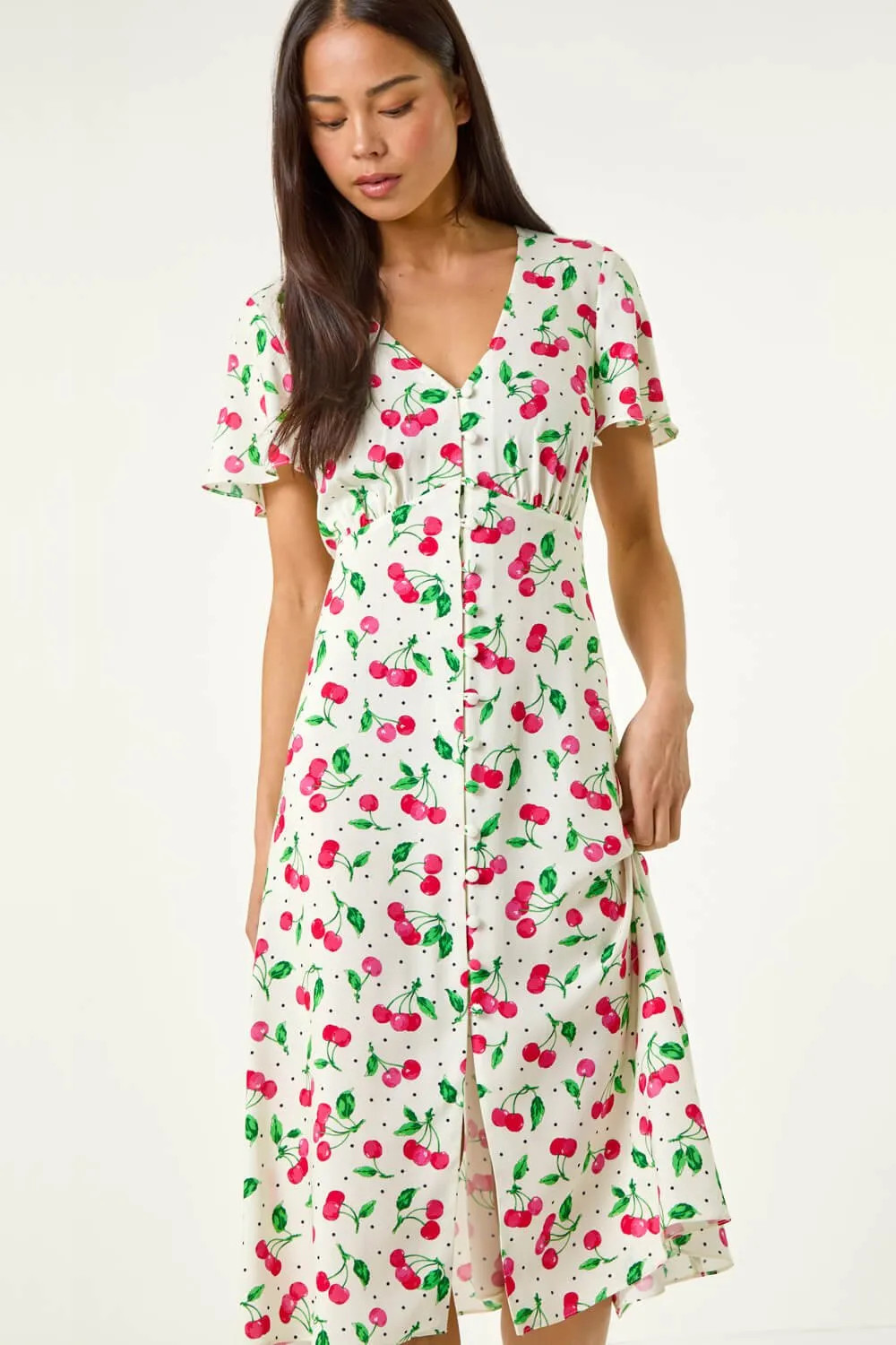 Red Roman Petite Cherry Print Button Midi Dress | Debenhams | Debenhams UK