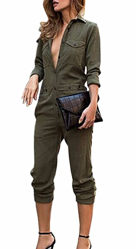 Amazon.com: Sexyshine Women's Casual Lapel Long Sleeve Button Down Jumpsuit Romper Overalls(AG,S) Ar | Amazon (US)