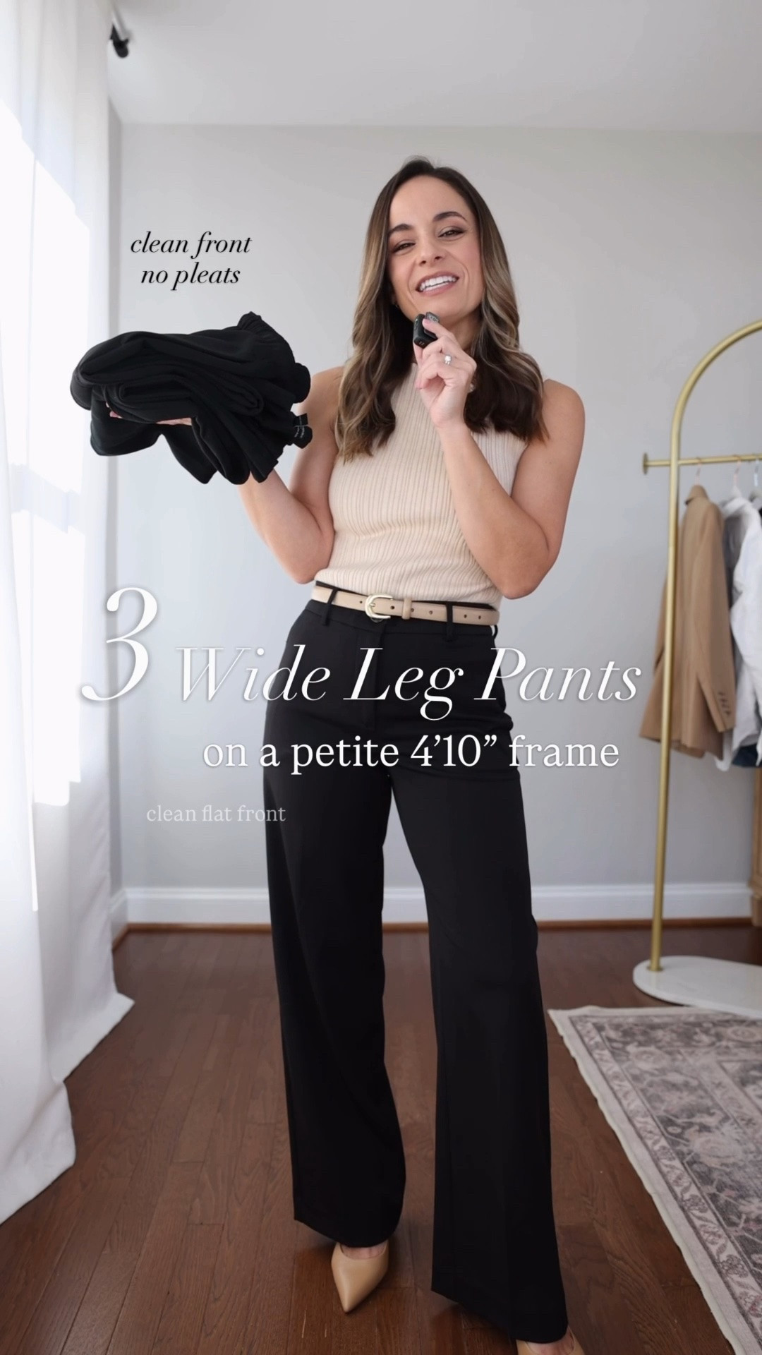 Three pairs of wide leg pants for petites with a clean flat front. 

Ann Taylor Perfect Wide: petite 00 in curvy fit / 10” rise / 28.5” inseam 
LOFT Sawyer: petite xxs / 10.5” rise / 28” inseam 
BR Factory Ponte Wide: petite xxs / 10” rise / 27.5” inseam 

Top (Quince): xs 
Shoes (Sam Edelman): true to size 
Belt (Quince): xs in mushroom 

For size comparison, I’m 4’10” 105lbs. My measurements are 32”, 24”, 36”. I typically wear petite xxs/00/24 and have a 25” ankle inseam and a 27.5-28” full length inseam.

#LTKPetite