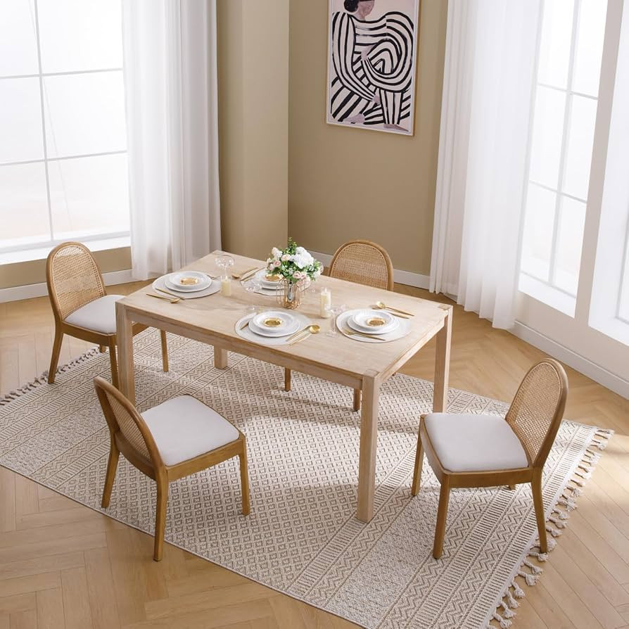 Mid Century Dining Chairs Set of 4, Accent Rattan Linen Fabric Side Chairs Kitchen Chair with Sol... | Amazon (US)