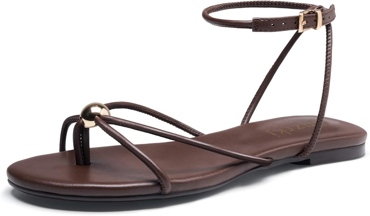 Strappy Flat Sandals for Women Comfortable Open Toe Ankle Strap Thong Sandals Summer Beach Dressy... | Amazon (US)