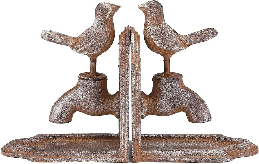 Phaxth 2 Pack Birds on Taps Bookends Decorative, Antique Country Book Ends, Rust | Amazon (US)