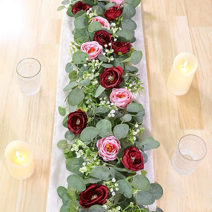 TOCHGREEN 2 Pack 13Ft Artificial Eucalyptus Flower Garland with Red Pink Roses, Fake Rose Flower ... | Amazon (US)