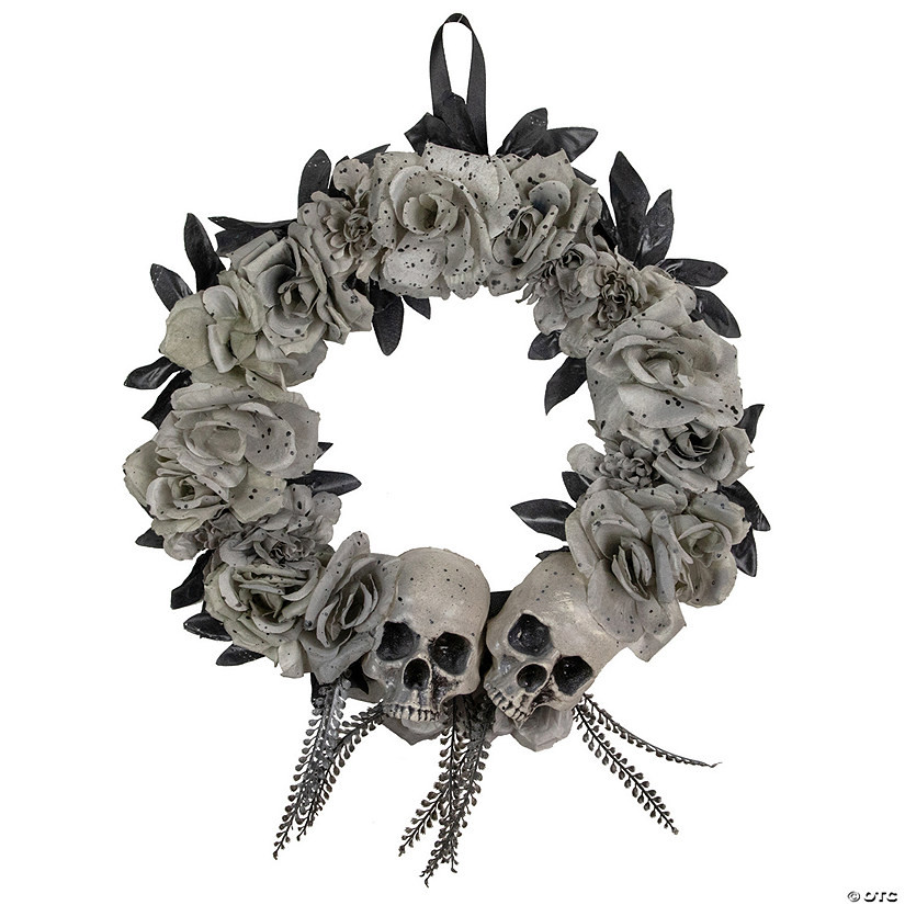 Double Skull and Gray Roses Halloween Wreath  16-Inch  Unlit | Oriental Trading Company