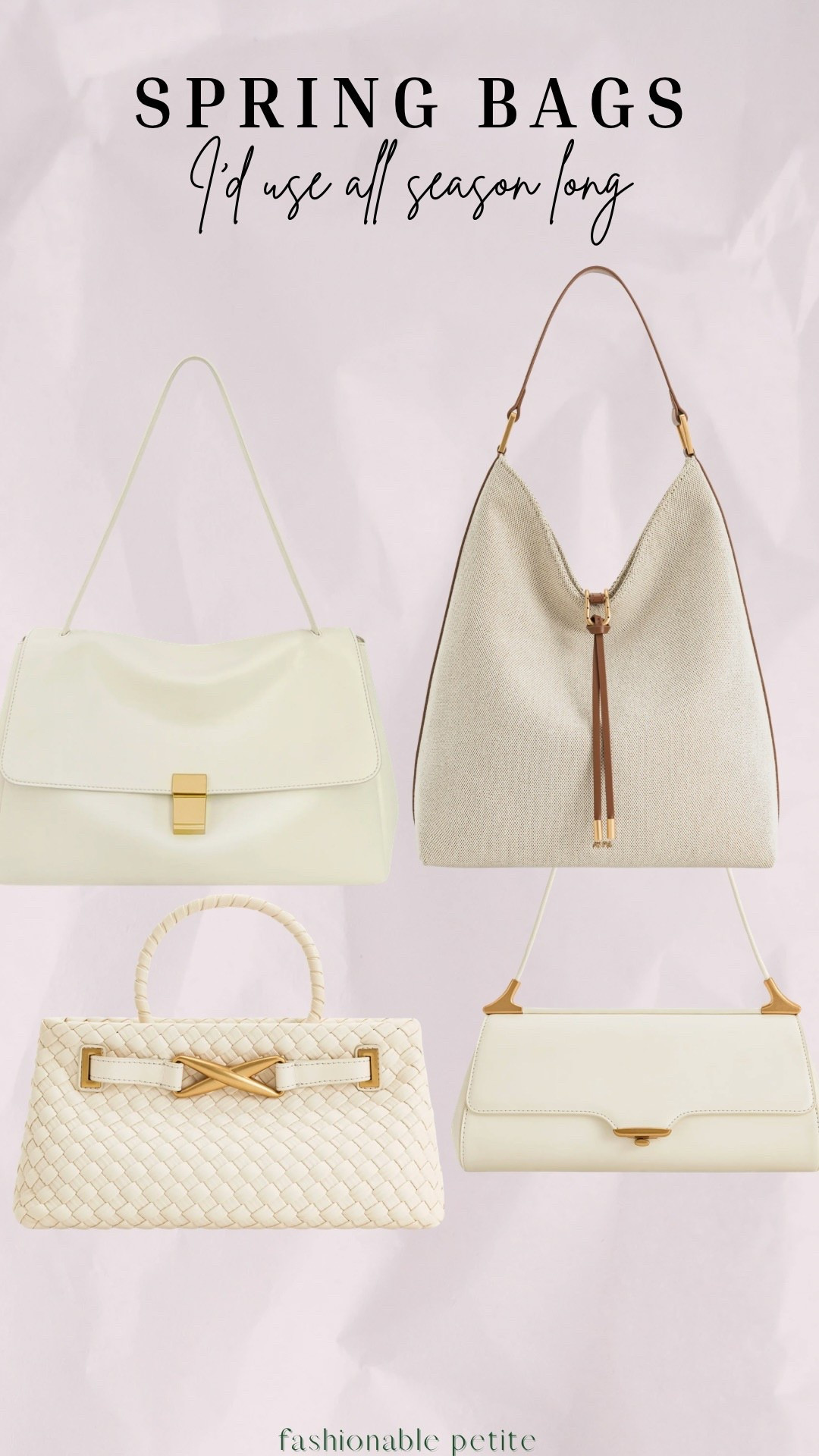 Spring and summer purses in white and beige! I love a light colored bag for warm weather. 

Summer accessories, summer purse, white purse, white bag 