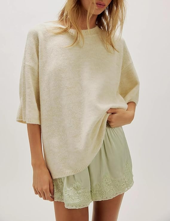 Womens Short Sleeve Sweater Summer Oversized Casual Crewneck Pullover Sweaters Crop Drop Shoulder... | Amazon (US)