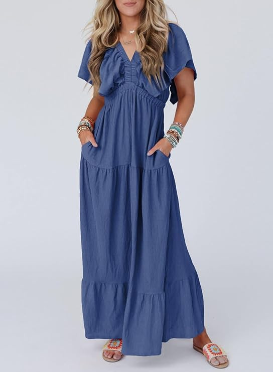 Acelitt Women Casual V Neck Short Sleeve Tiered Long Maxi Dress,S-XXL | Amazon (US)