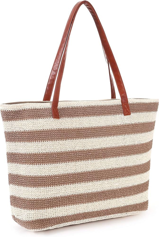 Genovega Stripe and Stitchwork Straw Tote Beach Bag with Zipper | Amazon (US)