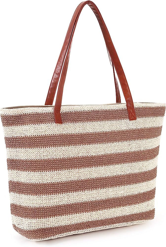 Genovega Stripe and Stitchwork Straw Tote Beach Bag with Zipper | Amazon (US)