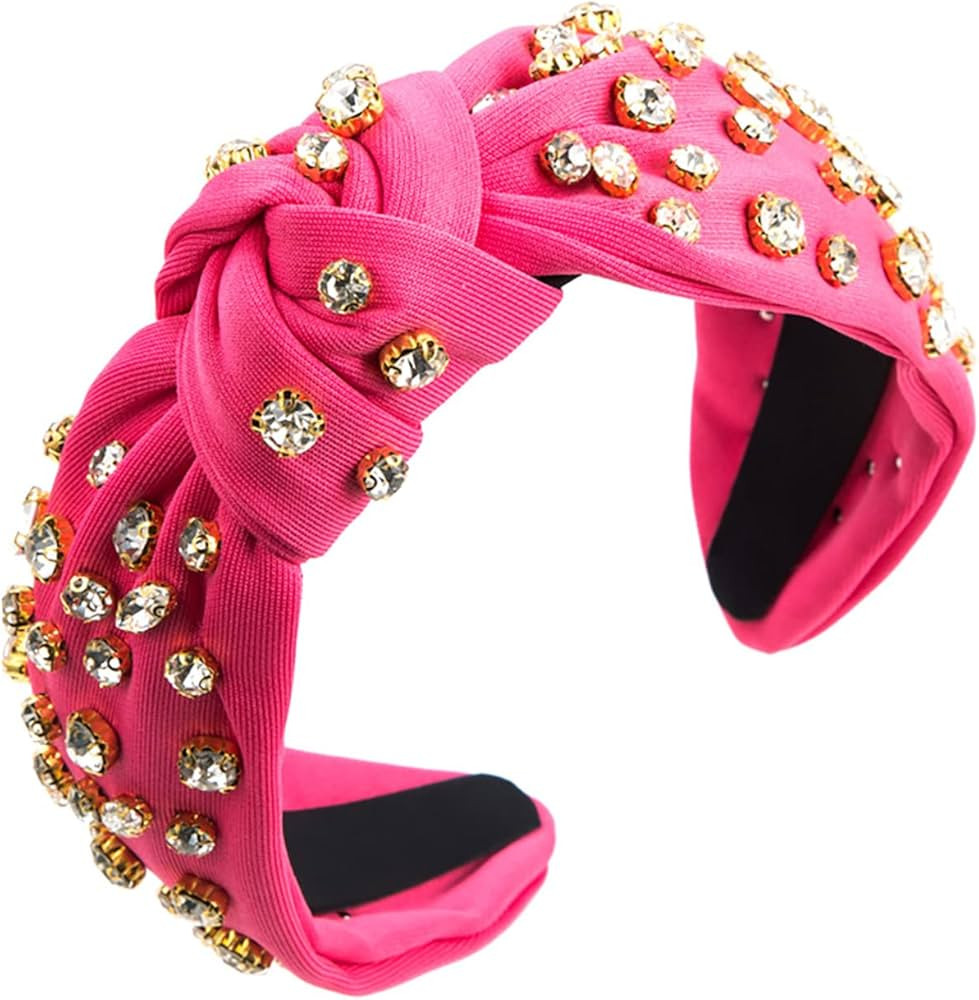 Knotted Jeweled Headband Rhinestone Crystal Embellished Pink Hairband Top Women Knot Headbands S... | Amazon (US)