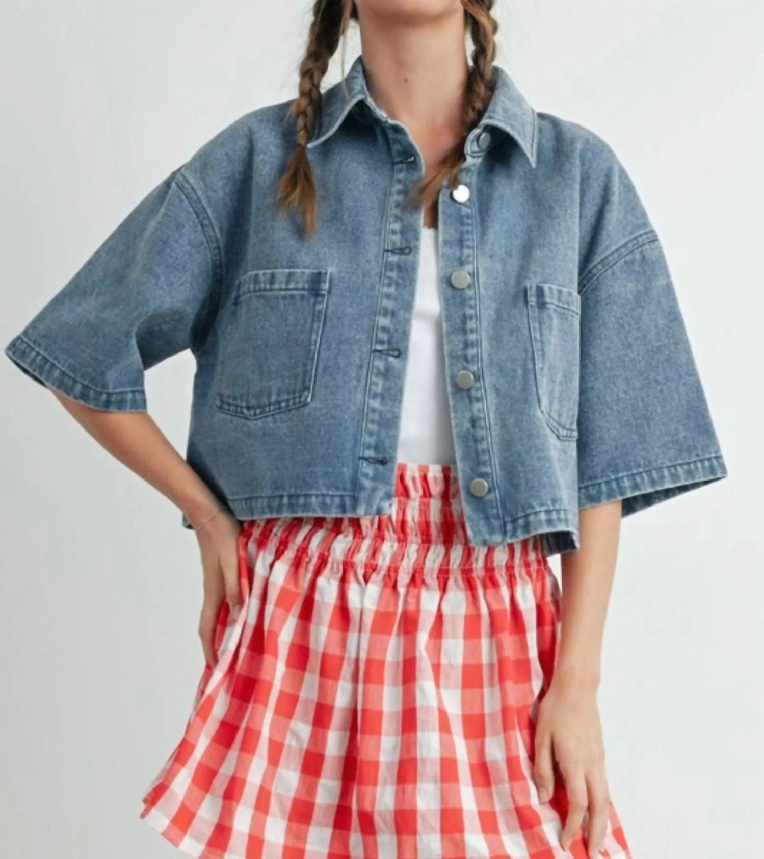 Denim Cropped Short Sleeve Jacket In Medium Wash | Shop Simon