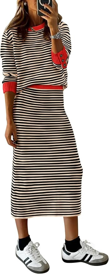 PRETTYGARDEN 2 Piece Skirts Sets for Women Fall Fashion 2026 Striped Sweater Dress Knit Lounge Tr... | Amazon (US)