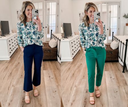 One top two ways! 
This sweatshirt top is 50% from loft and runs tts. 
Navy pants- 00P (run small, size up)
Green pants- 00P (run tts)
Heels- run tts 
Business casual/ work outfit/ spring workwear/ teacher outfit

Follow my shop @blushingpetite_blog on the @shop.LTK app to shop this post and get my exclusive app-only content!

#liketkit #LTKSeasonal #LTKsalealert #LTKworkwear
@shop.ltk