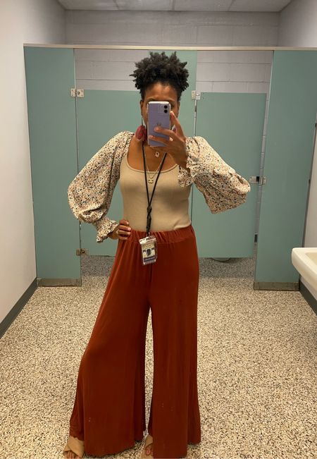 Fall Work outfit:
Brown lantern sleeve body suit + palazzo pants 

#LTKworkwear