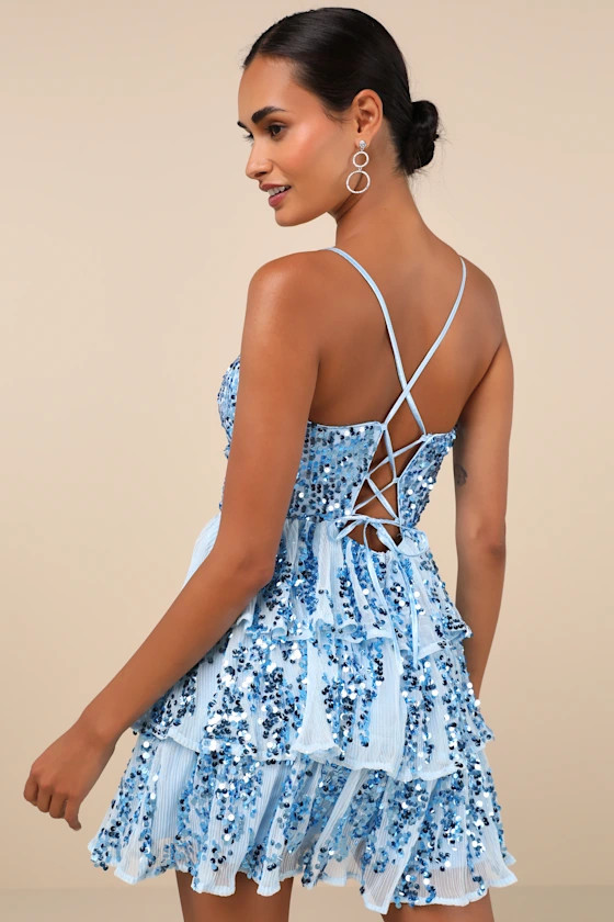 Spectacular Party Light Blue Sequin Tiered Lace-Up Mini Dress | Lulus