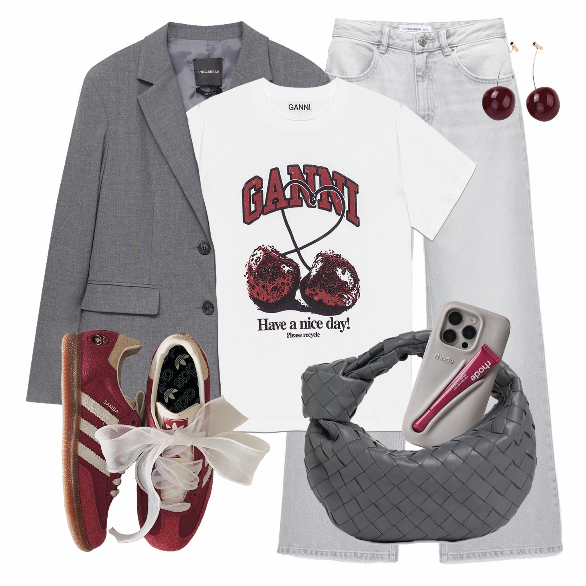 Cherry on Top 🍒

Styling a white Ganni cherry print graphic short sleeve T-shirt tee top with pale light grey denim wide leg jeans, charcoal grey double breasted blazer, cherry drop dangling earrings, red burgandy adidas bow ribbon laces shoes trainers sneakers samba spezial gazelle, grey woven knot bottega shoulder bag, rhode beauty lip tint iphone phone case, cherry red, trending, viral, sold out, Pinterest inspired, it girl, cool girl, effortless, every day, luxury, streetstyle, weekend outfit, spring style, virtual stylist,

#LTKitbag #LTKshoecrush

#LTKeurope
