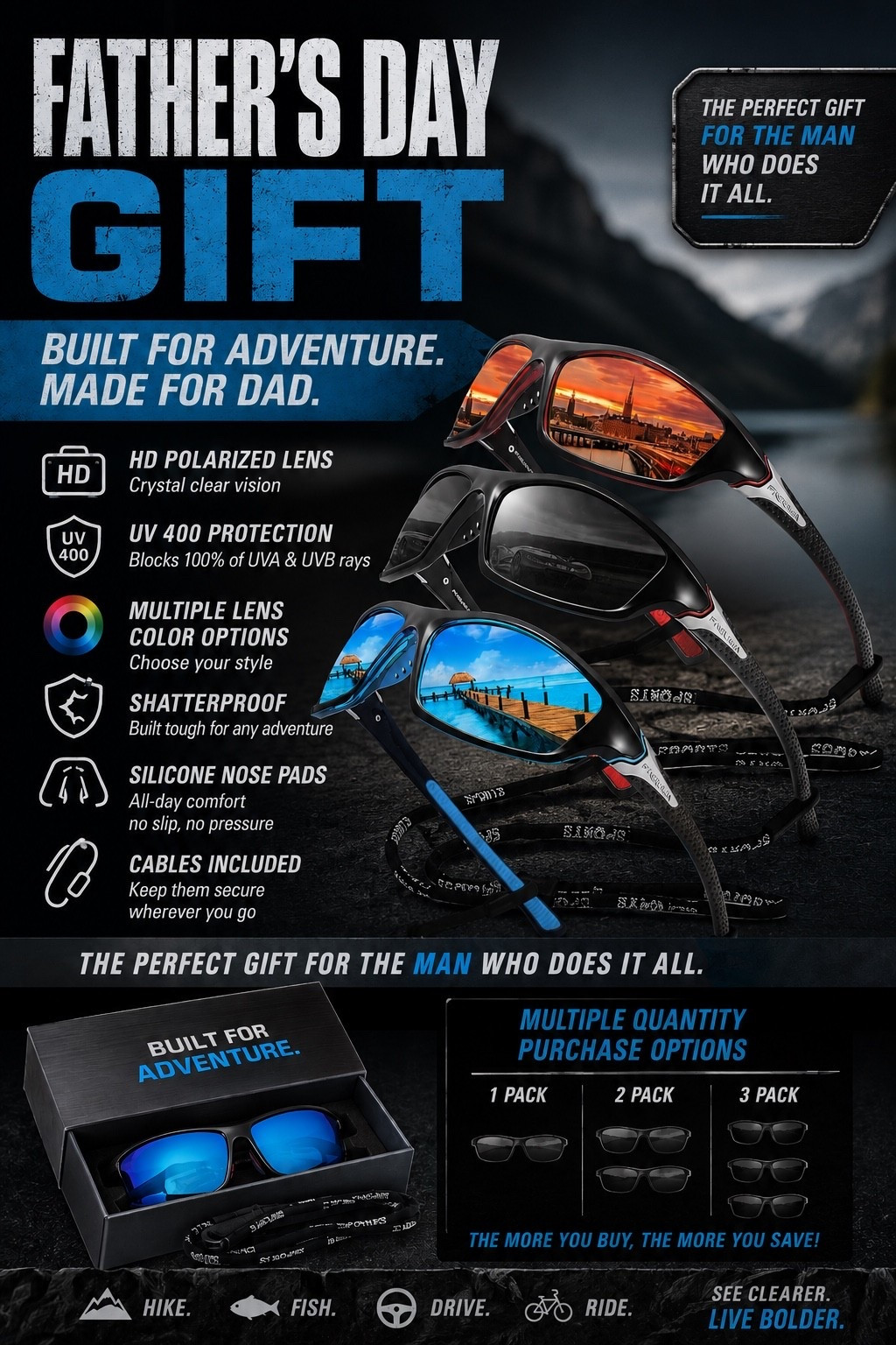 So dad needs new sunglasses?

Great! Except…. He’s probably going to lose them. Just like he lost all the others. 🤷‍♂️

These sunglasses won’t break the bank and still have all the features he wants, like HD polarized lenses with UV 400 protection. ☀️

And you can get 2 or 3 pairs to a pack and save more money. He can have a pair for his boat, a pair for his tractor, a pair for his bike, for his truck, for his ATV, etc. 😎

There’s several lens colors to choose from, and each pair you get comes with cables to make them easier to keep track of. 🕶️

You’re welcome 😉

#LTKMens #LTKActive