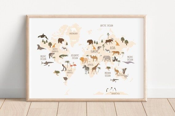 Animal World Map Art Print Nursery Decor Boy Baby Room Idea - Etsy | Etsy (US)