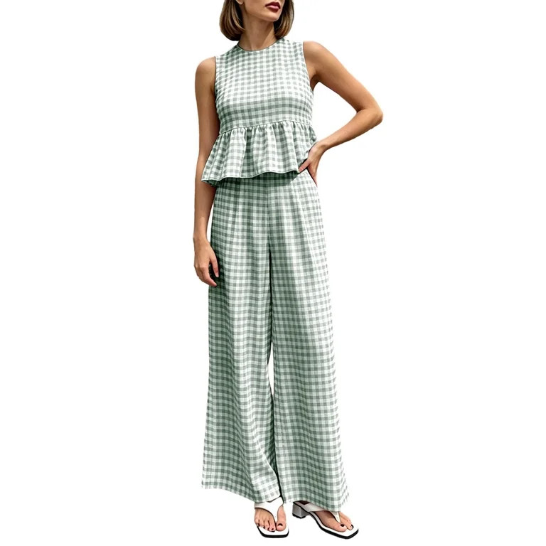 Enjoytime Womens Two Piece Outfits Plaid Crew Neck Ruffled Sleeveless Tops with Pants Lounge Sets... | Walmart (US)