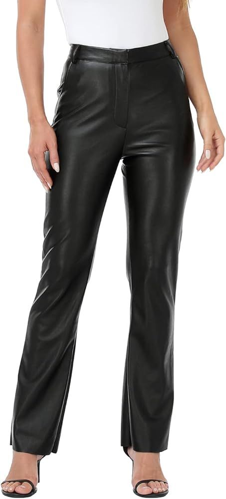 HDE Women's Faux Leather Pants High Waisted Straight Leg Trousers with Pockets | Amazon (US)