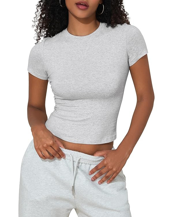 PrettyGuide Women's Crew Neck Short Sleeve Summer Basic Tee Tight Fit Cotton Jersey T Shirt Y2K G... | Amazon (US)