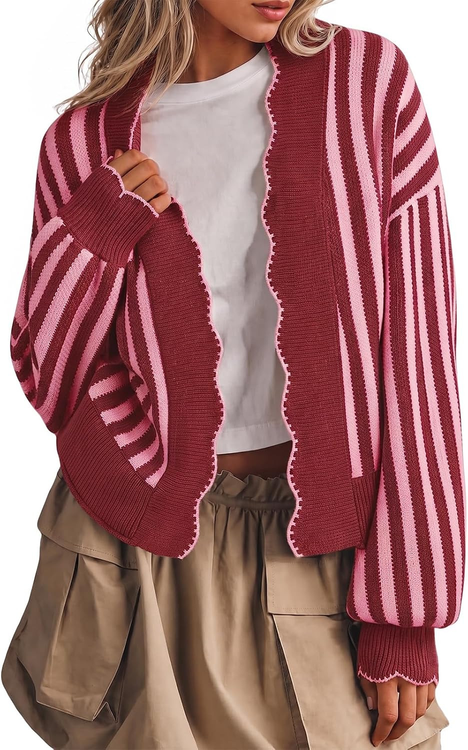Women's Striped Cardigan Sweater Open Front Ruffle Long Sleeve | Amazon (US)