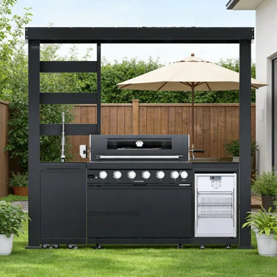 94" Outdoor Kitchen Island 6-Burner 85,000 BTU Stainless Steel Gas Grill With Rotisserie, Granite Countertop, Refrigerator & Storage Cabinets | Wayfair North America