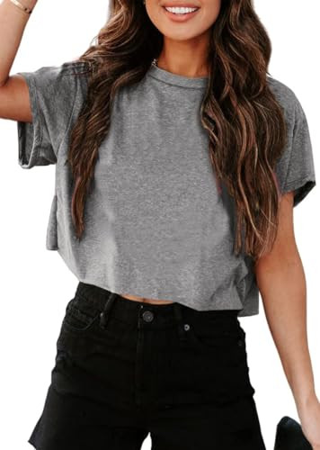 UNCLECAT Women's Cropped T Shirts Trendy Short Sleeve Crew Neck Crop Tops Solid Basic Tee | Amazon (US)