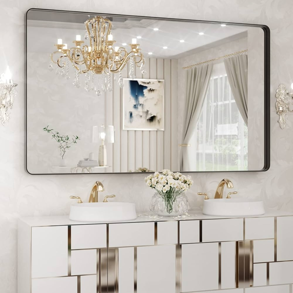 WEER Black Metal Framed Mirror, 60X36 Inch Rectangular Matte Black Wall Mirror for Bathroom, Roun... | Amazon (US)