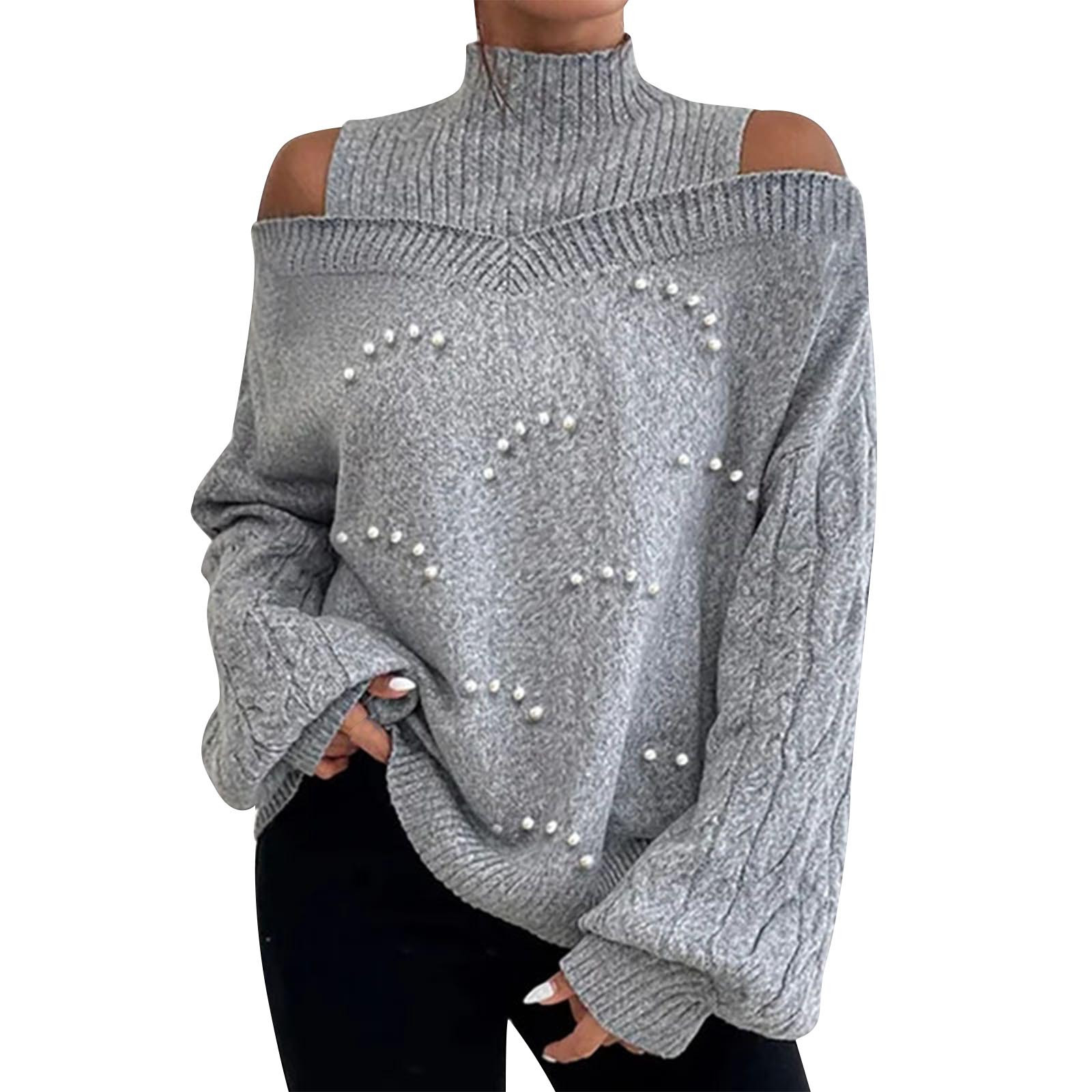 Kdnteot Off the Shoulder Sweater High Neck Knitted Sweaters Long Sleeve Pearls Outwear 2024 Tre... | Walmart (US)