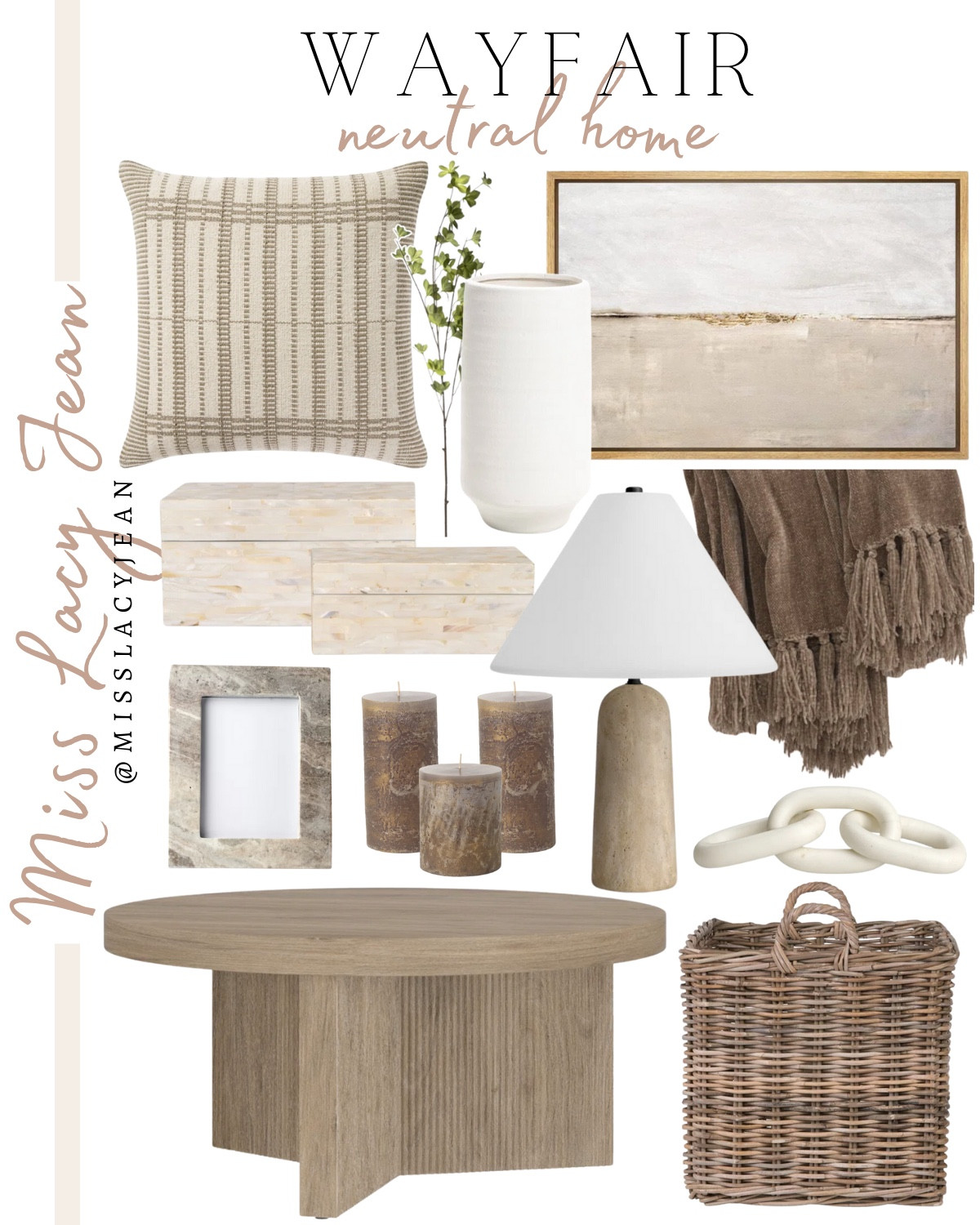 Wayfair neutral home includes basket, coffee table, pillar candles, link decor, table lamp, frame, decorative boxes, throw blanket, vase, wall art, greenery stems, and throw pillow.

Home decor, neutral home decor, home accents, looks for lesss

#LTKFindsUnder100 #LTKStyleTip #LTKHome