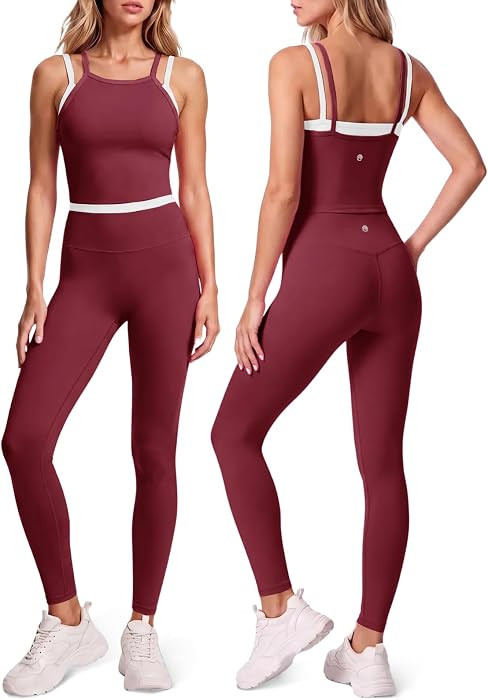 Womens 2 Piece Workout Sets Padded Tank Top High Waist Leggings Set | Amazon (US)