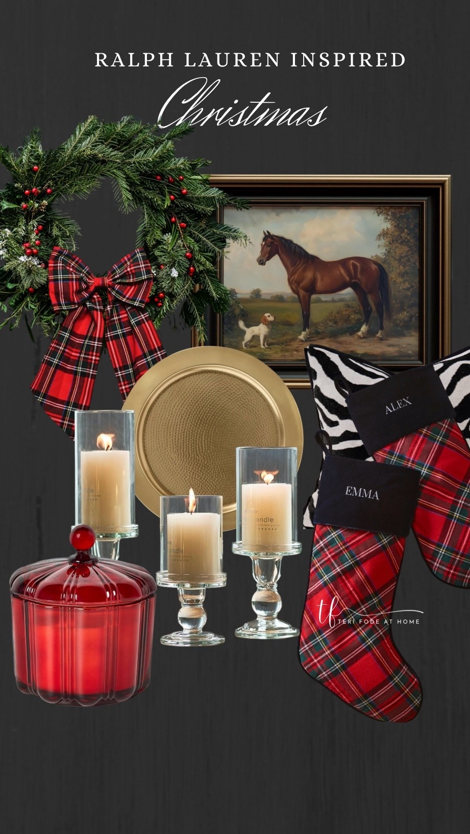 A Ralph Lauren inspired Christmas, red tartan wreath bow, , red tartan pillows, red Tartan home decor, zebra print pillow, equestrian wall art, horse wall art, hurricane pedestal candles, glass candle, gold chargers

#LTKHome #LTKHoliday #LTKSeasonal