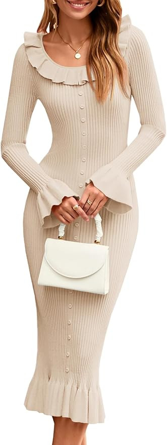 Wenrine Womens Bodycon Midi Sweater Dress Casual Ribbed Knit Bell Long Sleeve Ruffle Crewneck Dec... | Amazon (US)