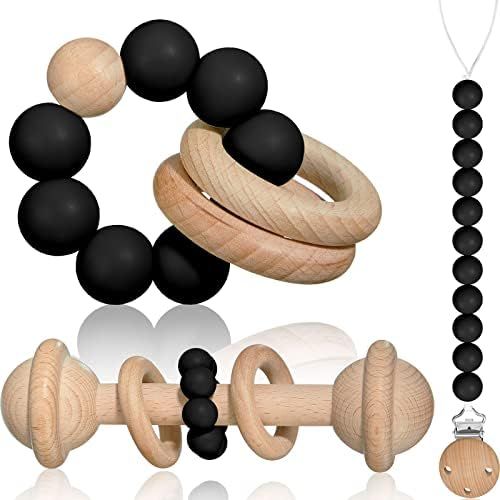 3 Pieces Wooden Baby Toy Silicone Baby Teething Circlets with Pacifier Holder Clip Wooden Baby Rattl | Amazon (US)
