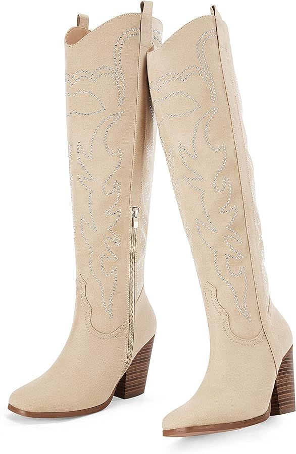 Womens Cowboy Boots Knee High Western Boots Embroidered Pointed Toe Chunky Heel Pull On Cowgirl B... | Amazon (US)