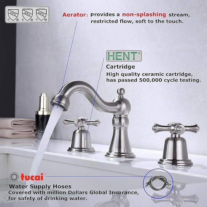 RKF Brass Two Handle Widespread Bathroom Sink Faucet with METAL Pop-up Drain with overflow and CU... | Amazon (US)