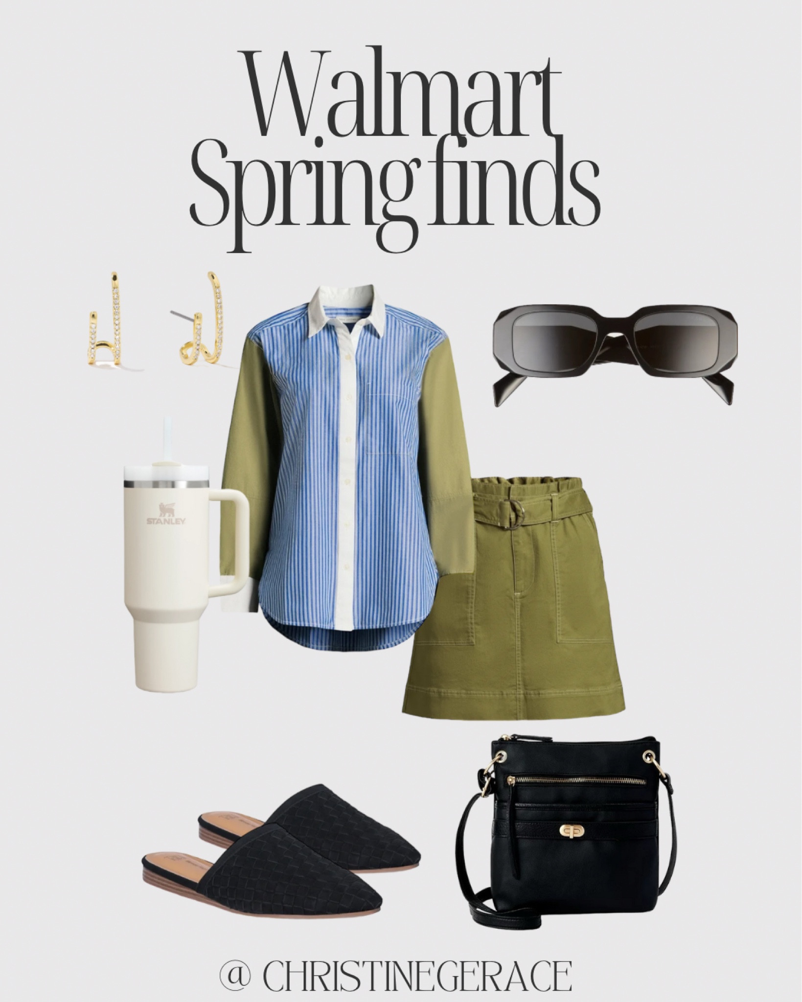 Walmart spring finds ! Women’s fashion / outfit ideas 
Button down, skirt, slip ons, purse, Stanley, sunglasses, earrings 

#LTKSpringSale #LTKfindsunder50 #LTKstyletip