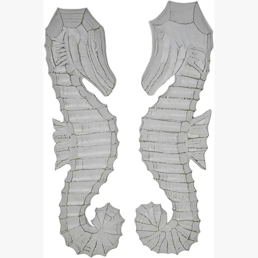 Hand Carved White Wash Wood Set of 2 Seahorses Wall Art Hanging Tropical Nautical Home Decor | Amazon (US)