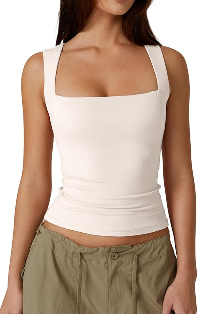 QINSEN Women's Square Neck Sleeveless Double-Layer Tank Tops Basic Tight T Shirts | Amazon (US)