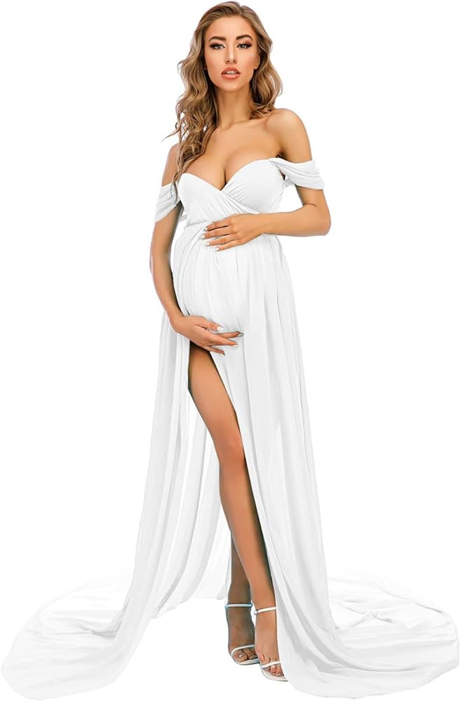 ZIUMUDY Maternity Dress for Photoshoot Photography Split Chiffon Maternity Gown Long Train Matern... | Amazon (US)