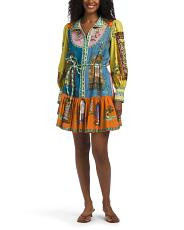 Linen Blend Long Puff Sleeve Mandarin Collar Tiered Mini Dress | TJ Maxx