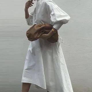Puff-Sleeve Plain Midi Dress White - One Size | YesStyle Global