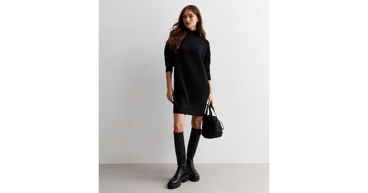 Black Knit High Neck Mini Dress | New Look | New Look (UK)