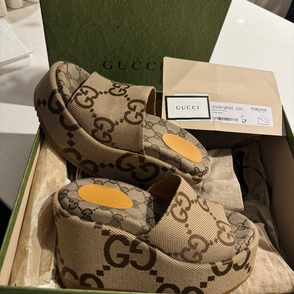 LIKE NEW- Women's Brown Jumbo GG Wedge Platform Sandals, Size 37 | Poshmark