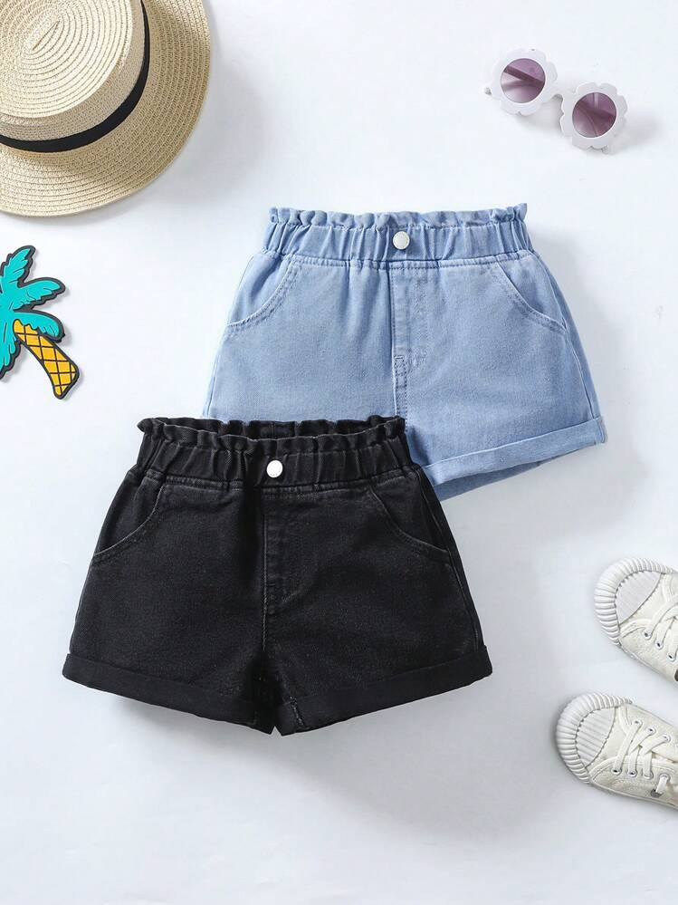 SHEIN 2pcs Young Girl Black And Blue Denim Shorts Set | SHEIN