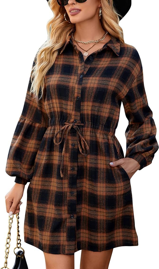 Womens Plaid Dress Flannel Puff Sleeve Dress Button Down Casual Dresses for Women 2023 with Pocke... | Amazon (US)