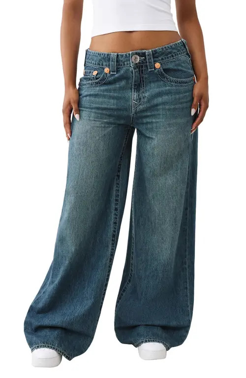 True Religion Jessie Embroidered Wide Leg Jeans in Ocean Voyage at Nordstrom, Size 31 | Nordstrom