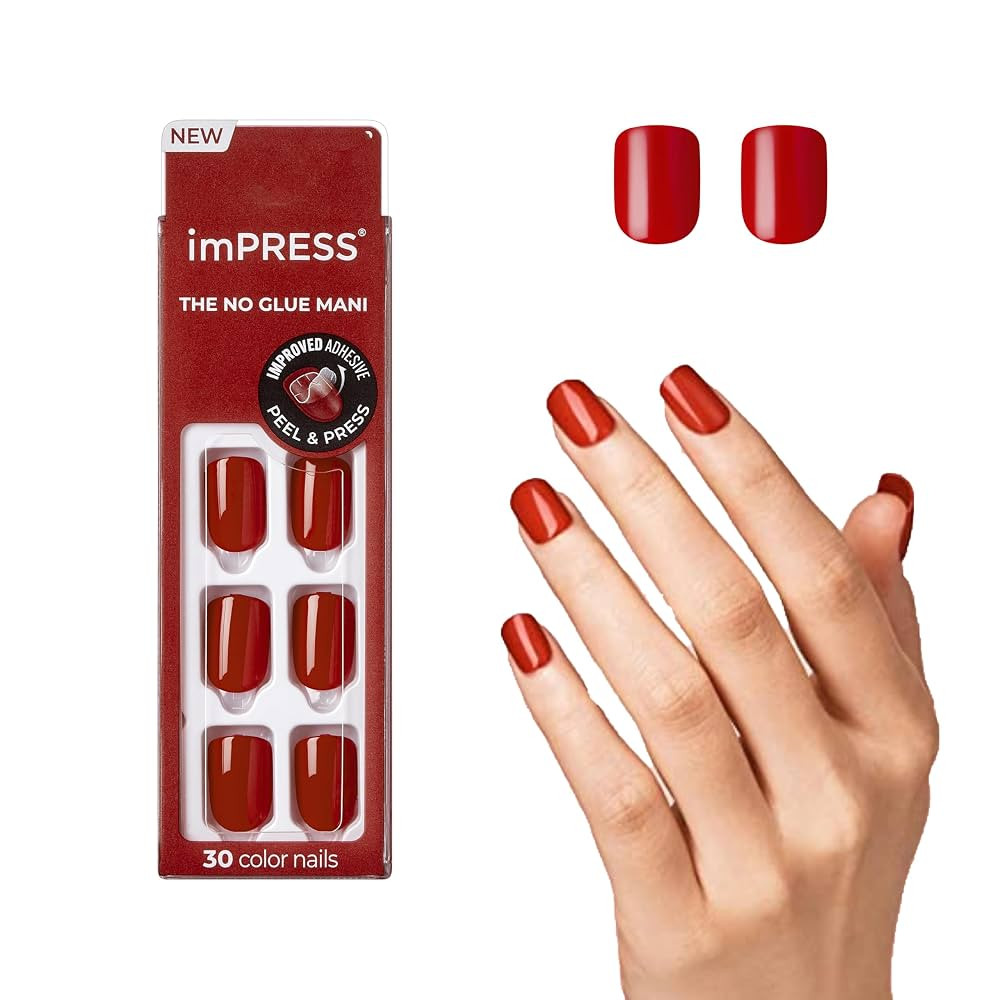 KISS imPRESS Color Polish-Free Solid Color Press-On Nails, PureFit Technology, Short Length, 'Red... | Amazon (US)